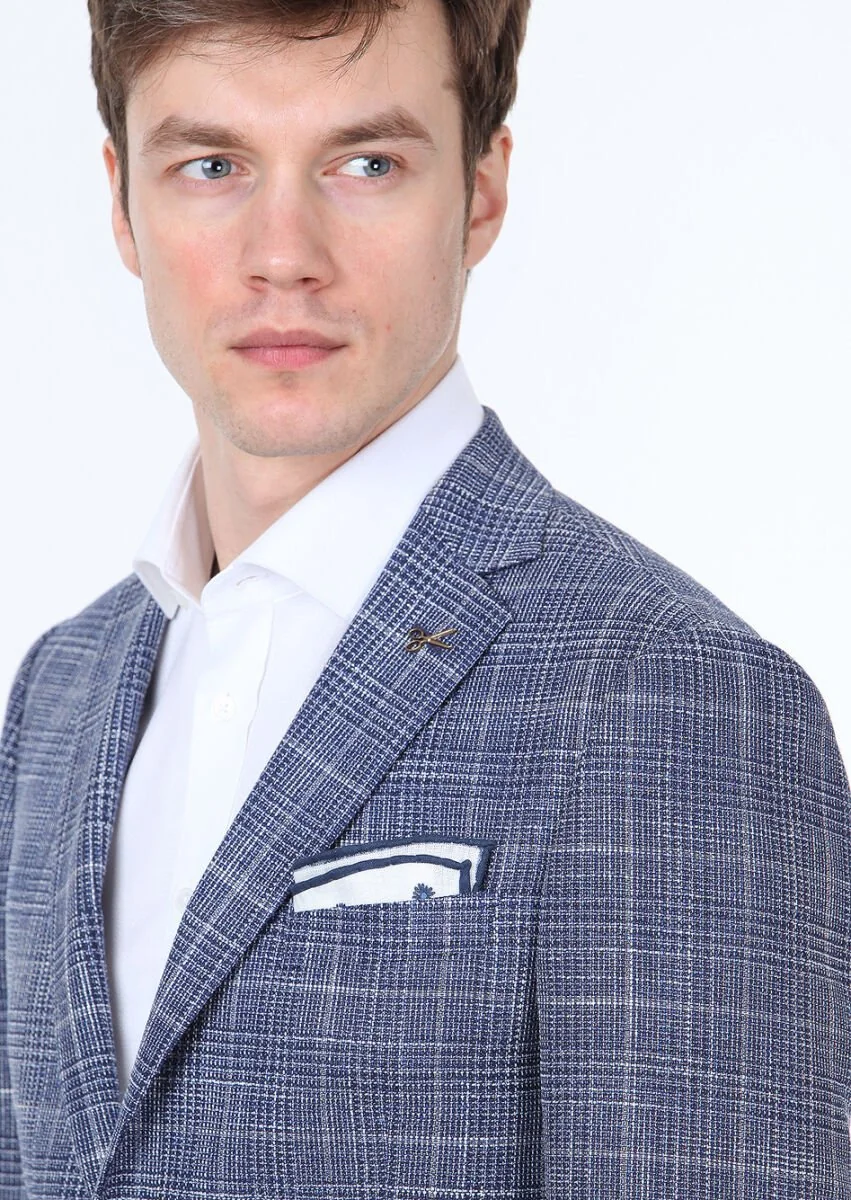 Navy Blue Checkered Regular Fit Silk Blended Jacket - 3
