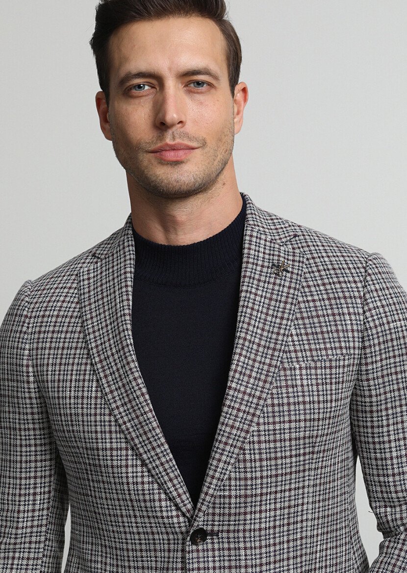 Navy Blue Checkered Regular Fit Silk Blended Jacket - 3