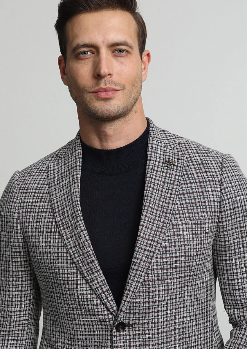 Navy Blue Checkered Regular Fit Silk Blended Jacket - 3