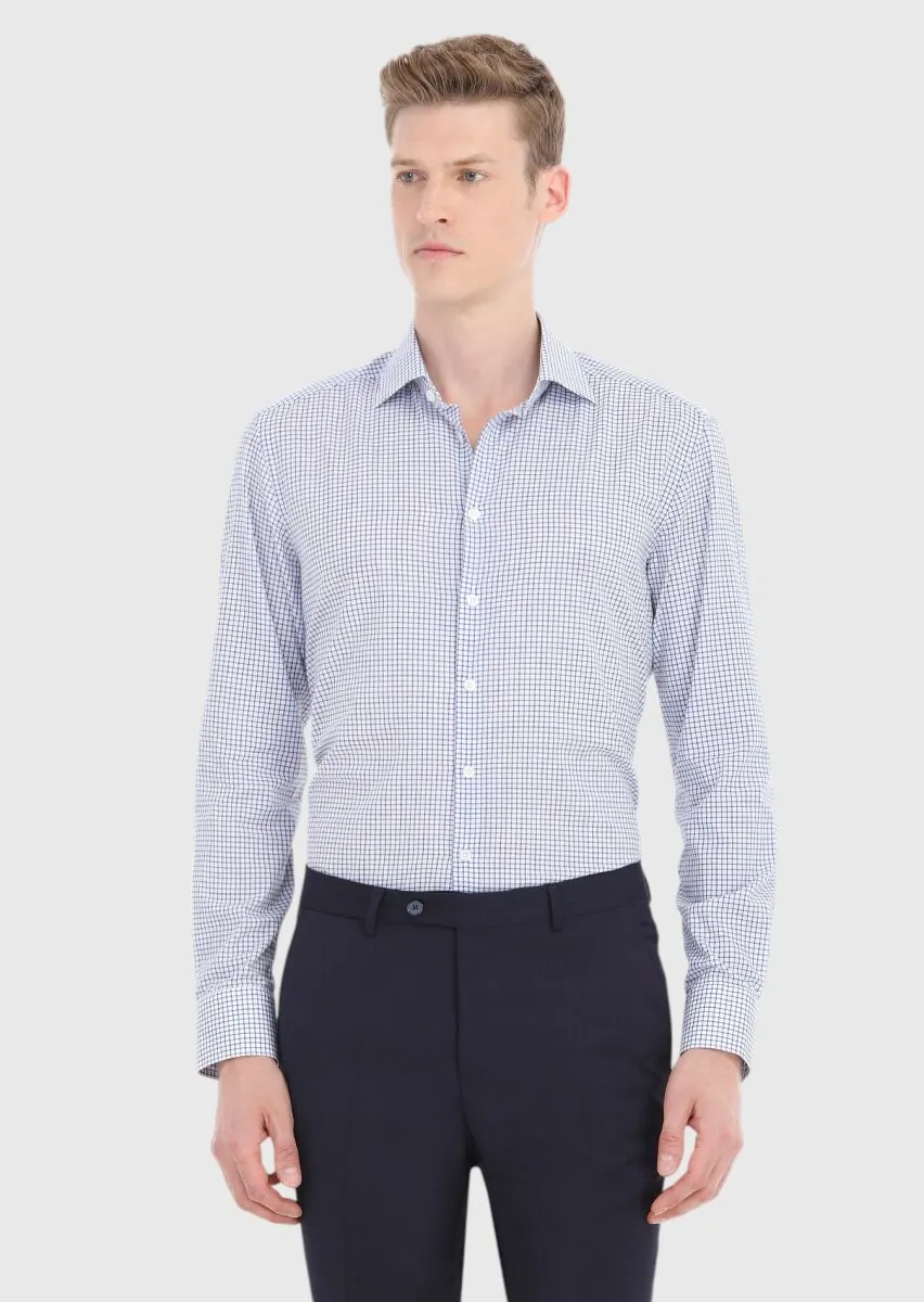 Navy Blue Checkered Regular Fit Weaving Classical 100% Cotton Shirt - 2