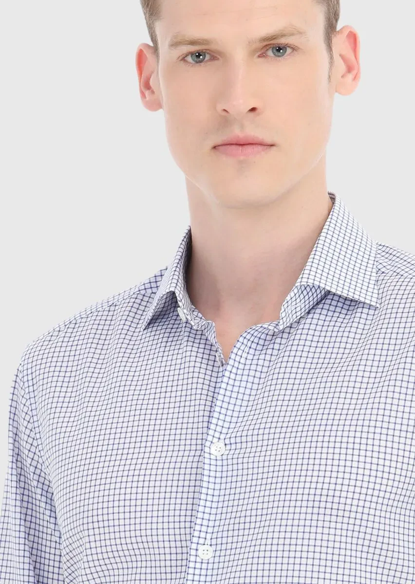 Navy Blue Checkered Regular Fit Weaving Classical 100% Cotton Shirt - 3