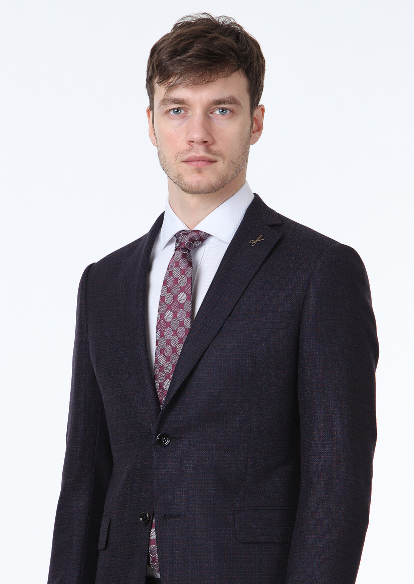 Navy Blue Checkered Regular Fit Wool Blended Jacket - 2