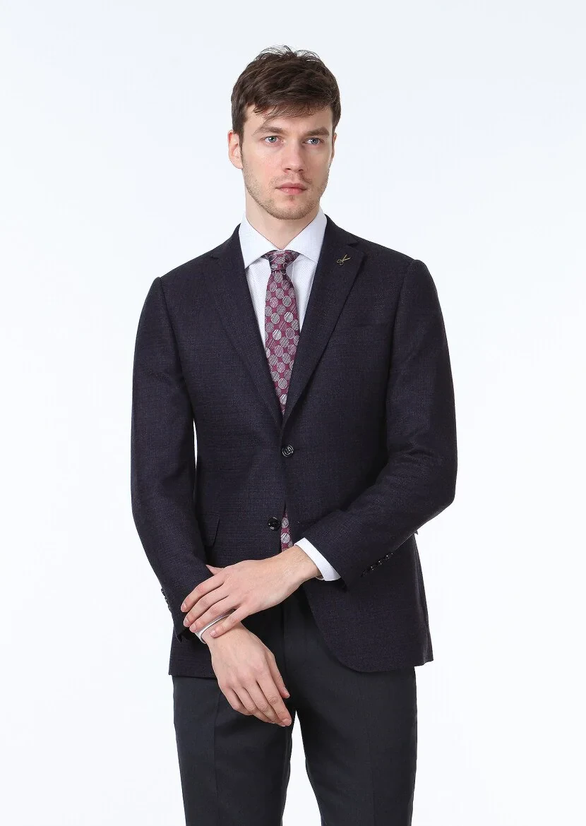 Navy Blue Checkered Regular Fit Wool Blended Jacket - 1