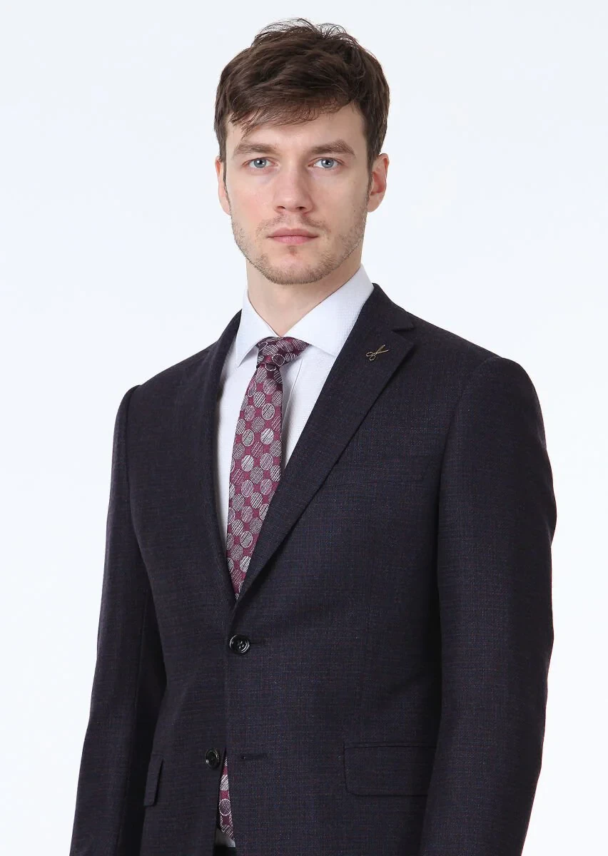 Navy Blue Checkered Regular Fit Wool Blended Jacket - 2
