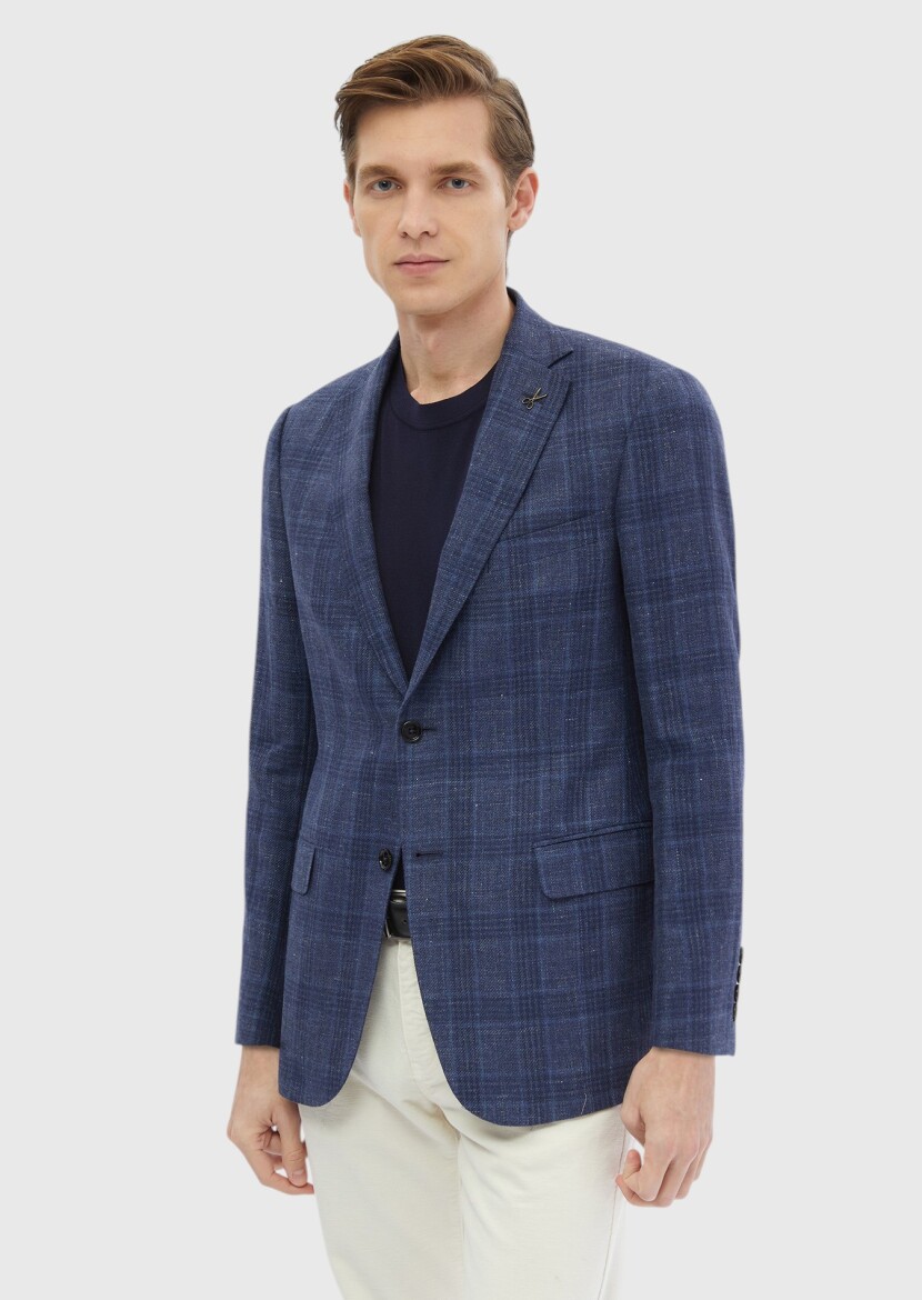 Navy Blue Checkered Regular Fit Wool Blended Jacket - 3