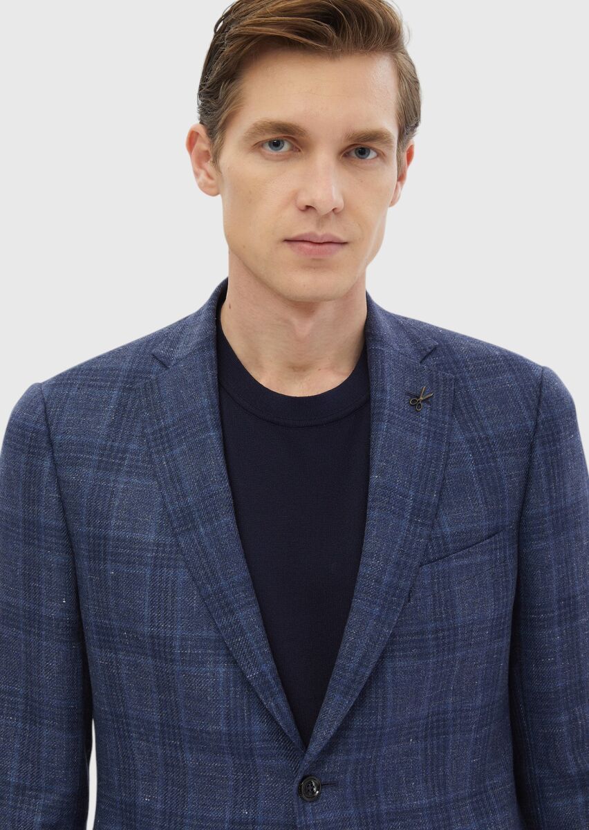 Navy Blue Checkered Regular Fit Wool Blended Jacket - 4