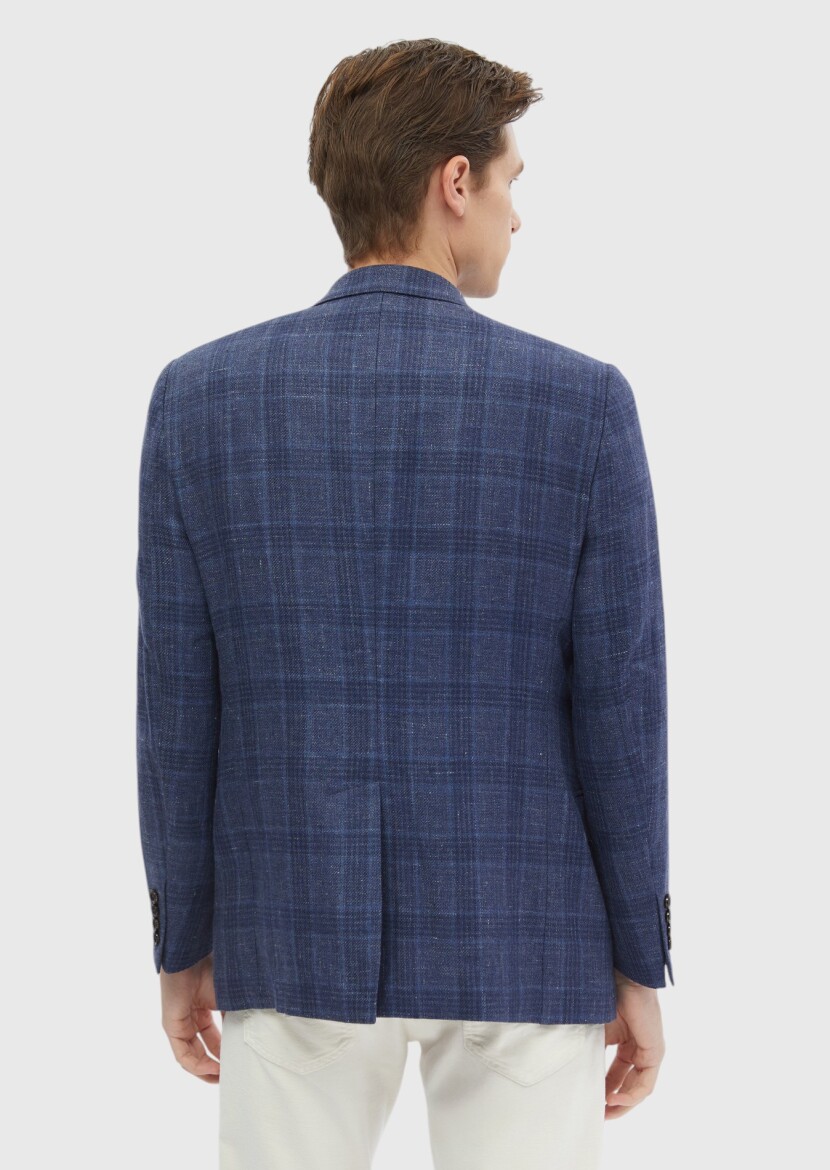 Navy Blue Checkered Regular Fit Wool Blended Jacket - 7