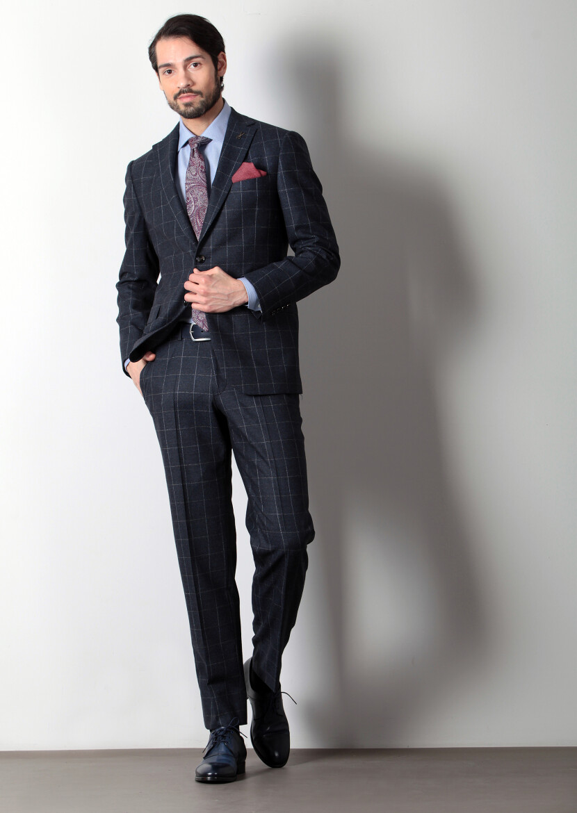 Navy Blue Checkered Regular Fit Wool Blended Suit - 1