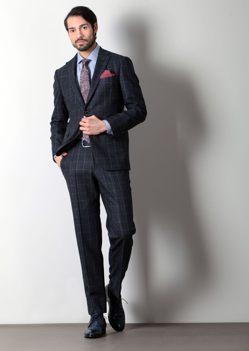 Navy Blue Checkered Regular Fit Wool Blended Suit - 1
