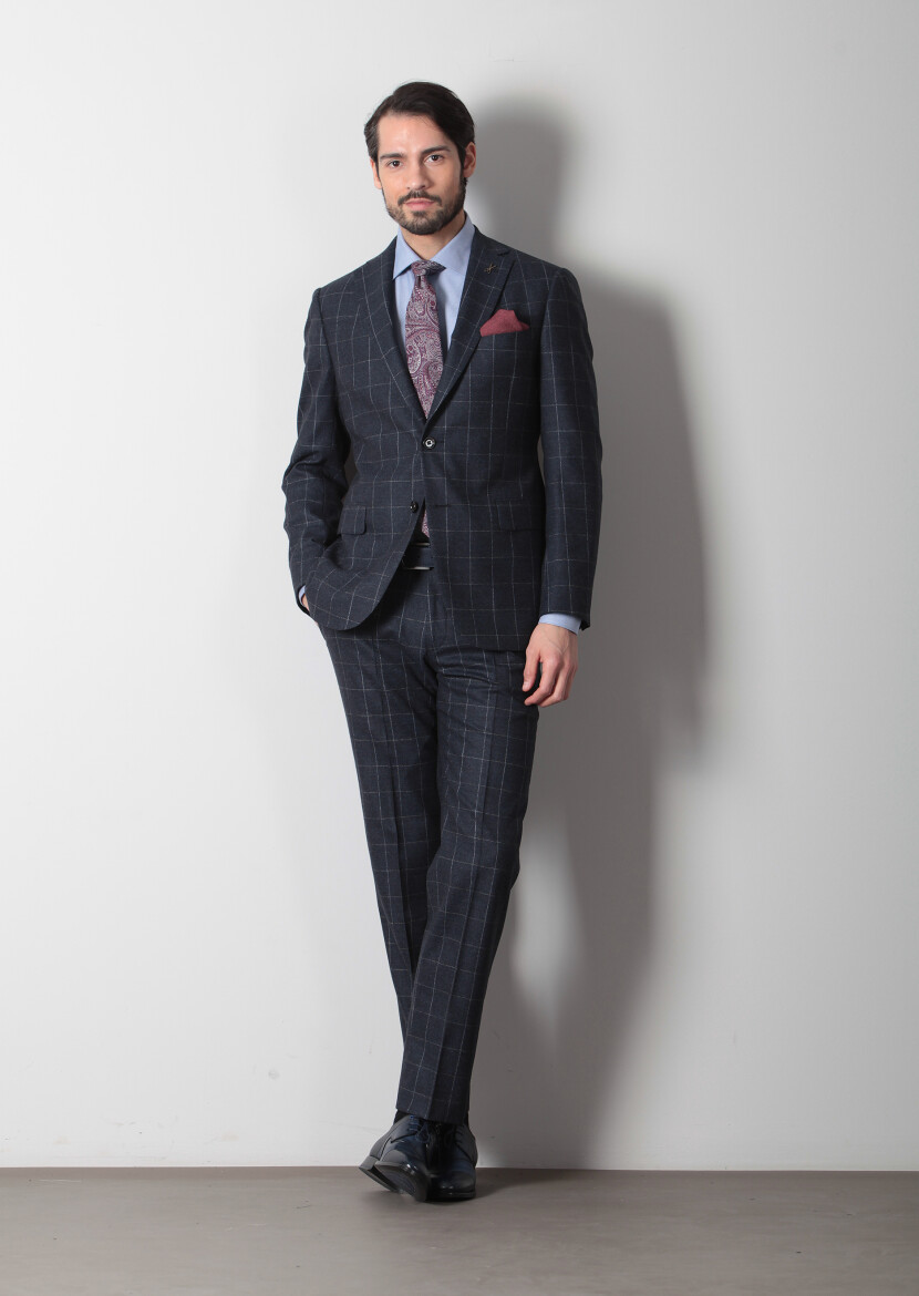 Navy Blue Checkered Regular Fit Wool Blended Suit - 2