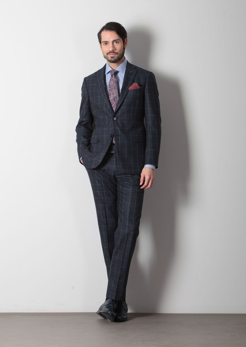 Navy Blue Checkered Regular Fit Wool Blended Suit - 2