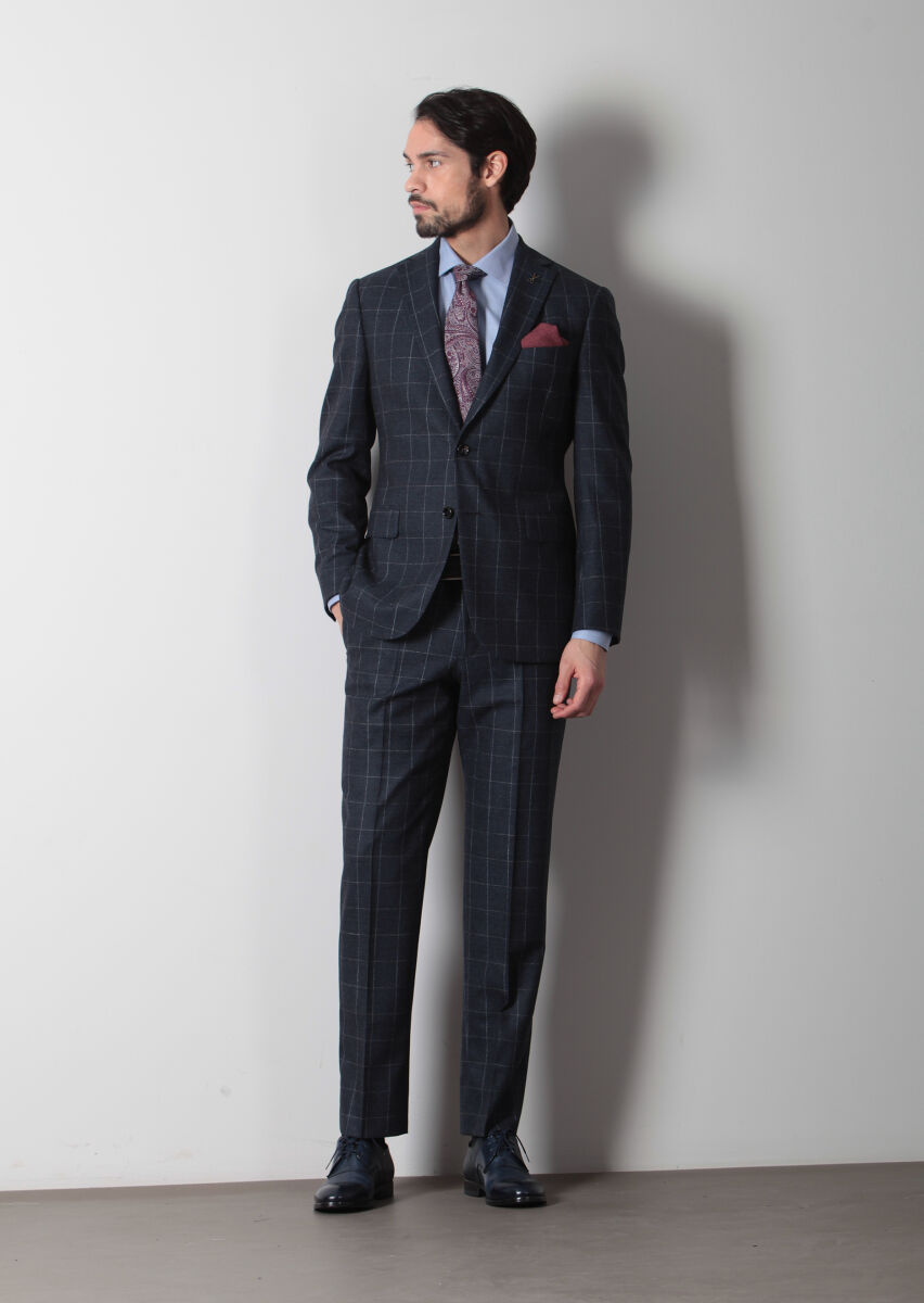 Navy Blue Checkered Regular Fit Wool Blended Suit - 3