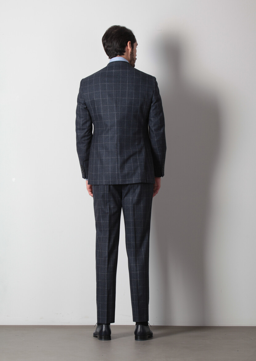 Navy Blue Checkered Regular Fit Wool Blended Suit - 4