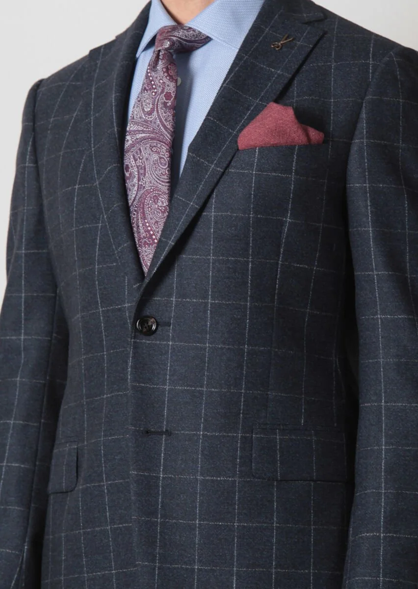 Navy Blue Checkered Regular Fit Wool Blended Suit - 4