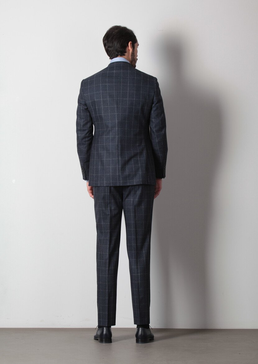 Navy Blue Checkered Regular Fit Wool Blended Suit - 5