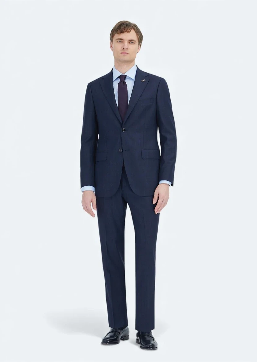 Navy Blue Checkered Regular Fit Wool Blended Suit - RAMSEY
