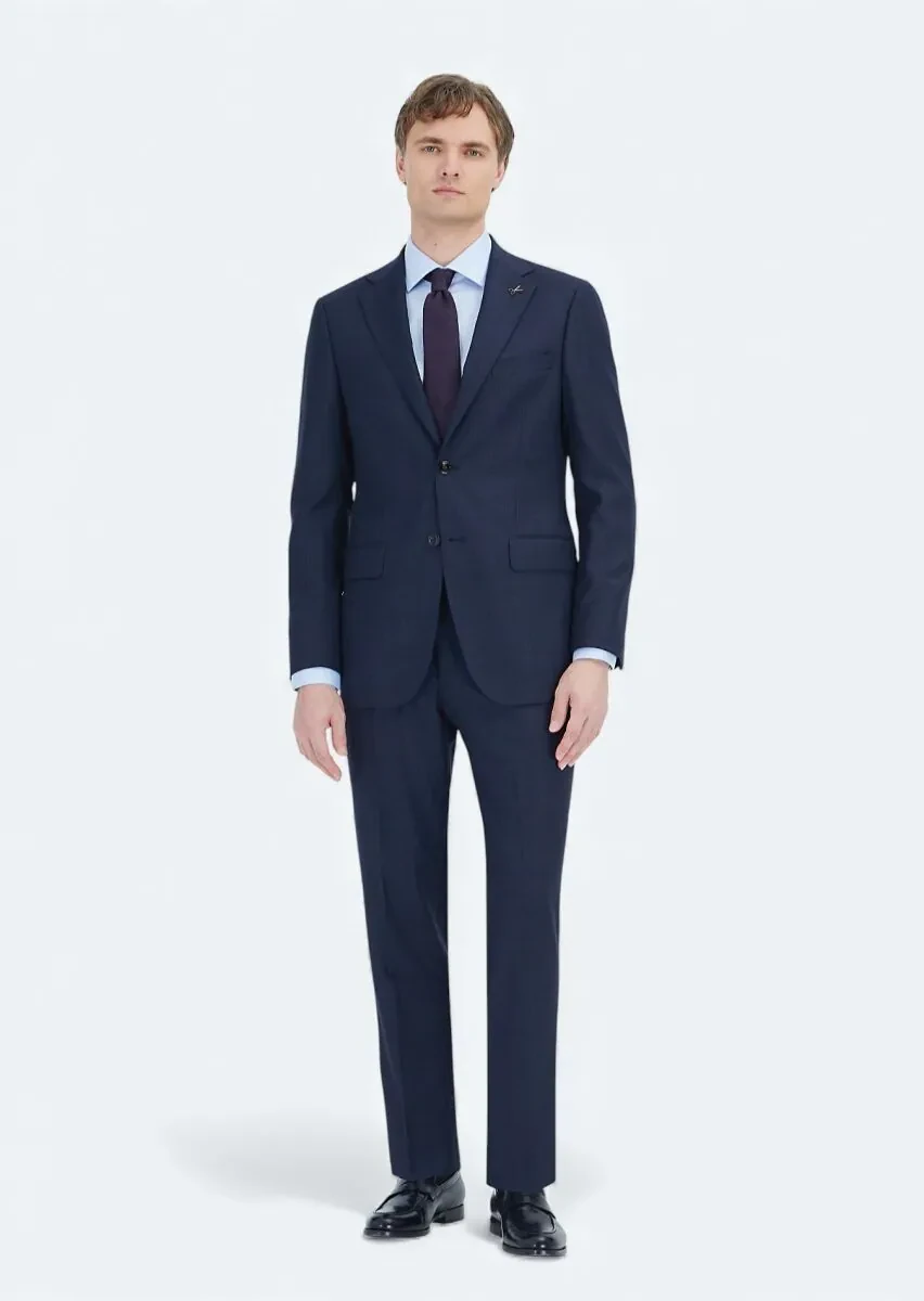 Navy Blue Checkered Regular Fit Wool Blended Suit - 1
