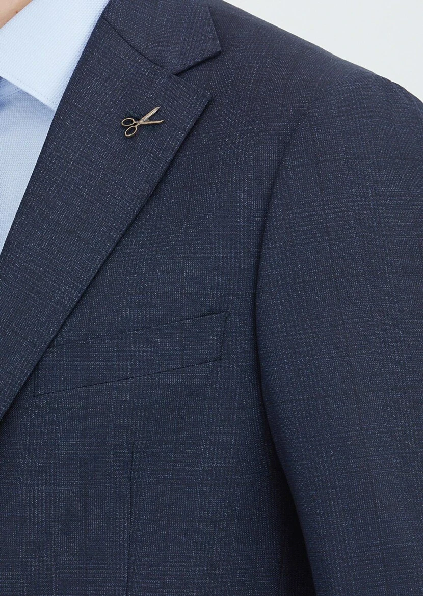 Navy Blue Checkered Regular Fit Wool Blended Suit - 3