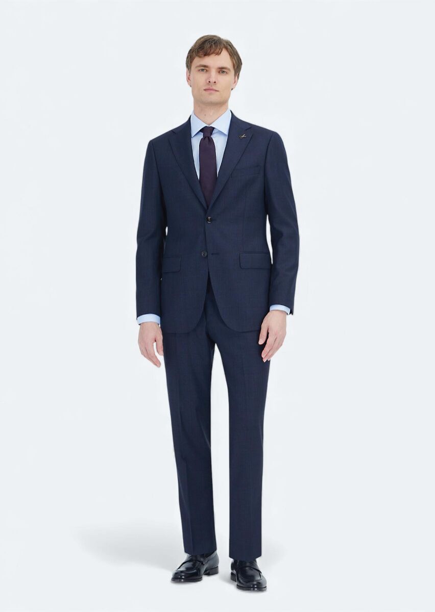 Navy Blue Checkered Regular Fit Wool Blended Suit - 1
