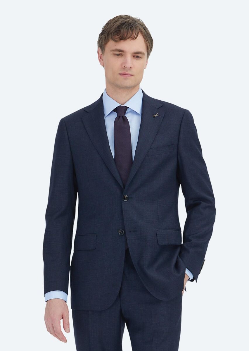 Navy Blue Checkered Regular Fit Wool Blended Suit - 4