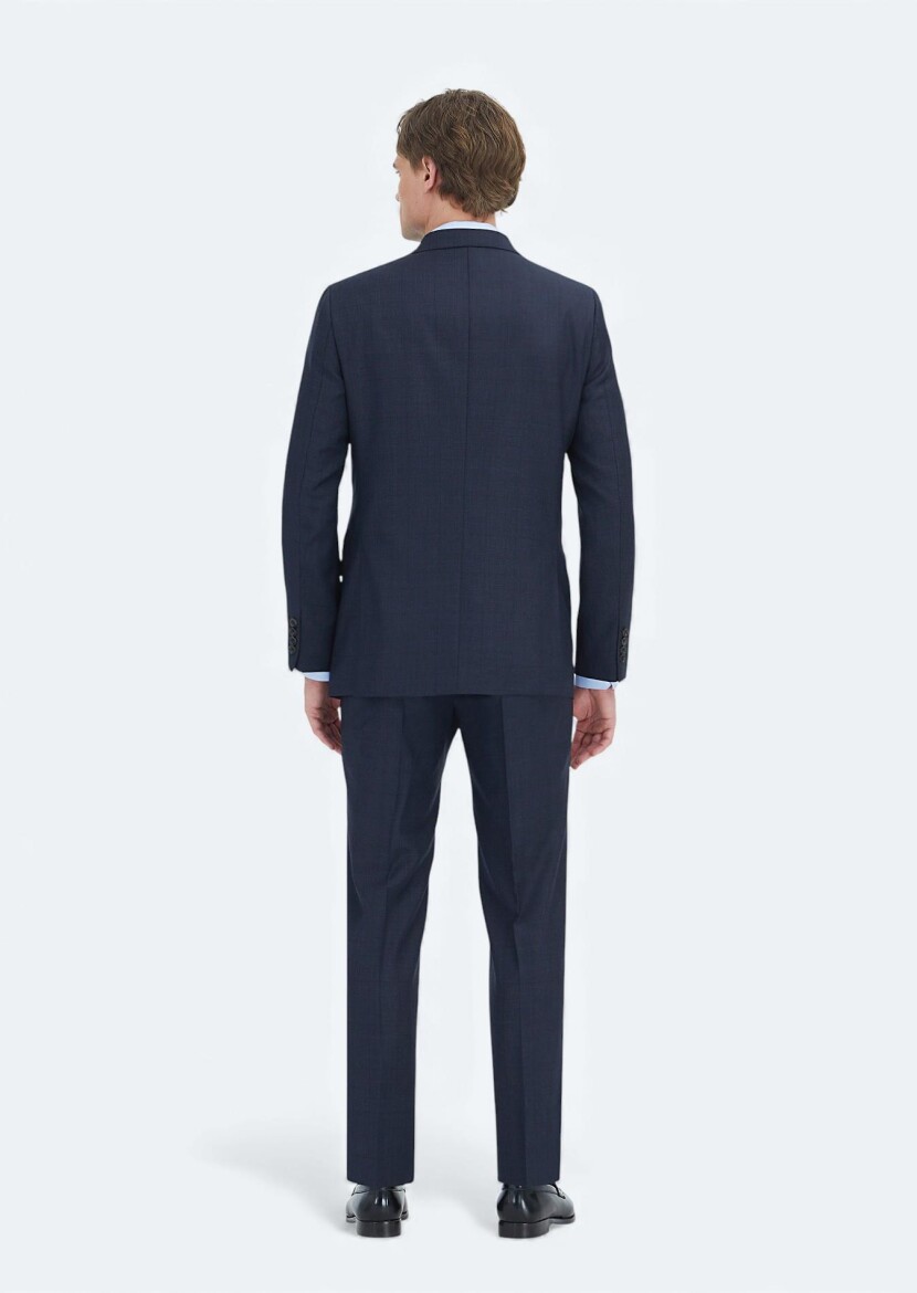Navy Blue Checkered Regular Fit Wool Blended Suit - 7