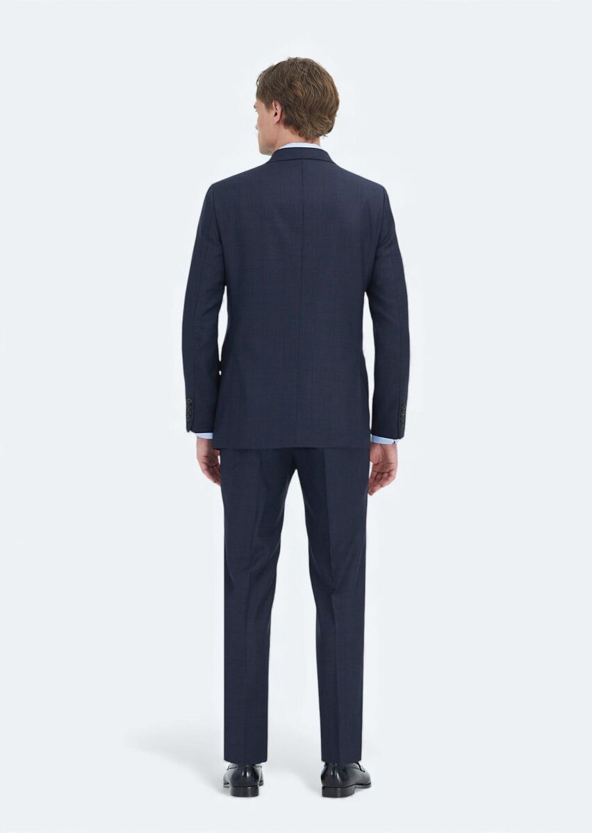 Navy Blue Checkered Regular Fit Wool Blended Suit - 7