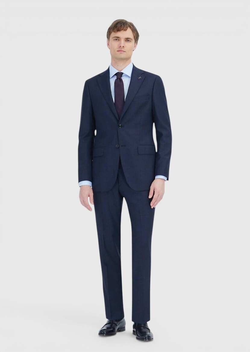 Navy Blue Checkered Regular Fit Wool Blended Suit - RAMSEY