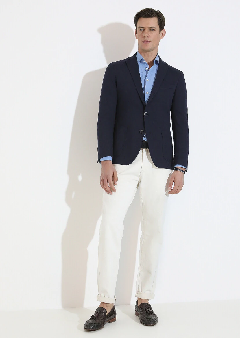 Navy Blue Checkered Shirt Shoulder Slim Fit Cotton Blended Jacket - 2