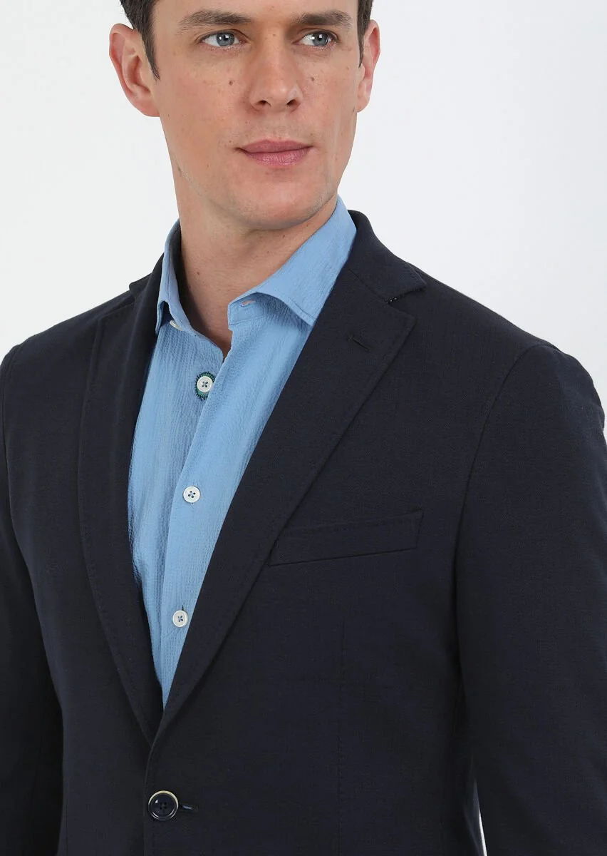 Navy Blue Checkered Shirt Shoulder Slim Fit Cotton Blended Jacket - 3