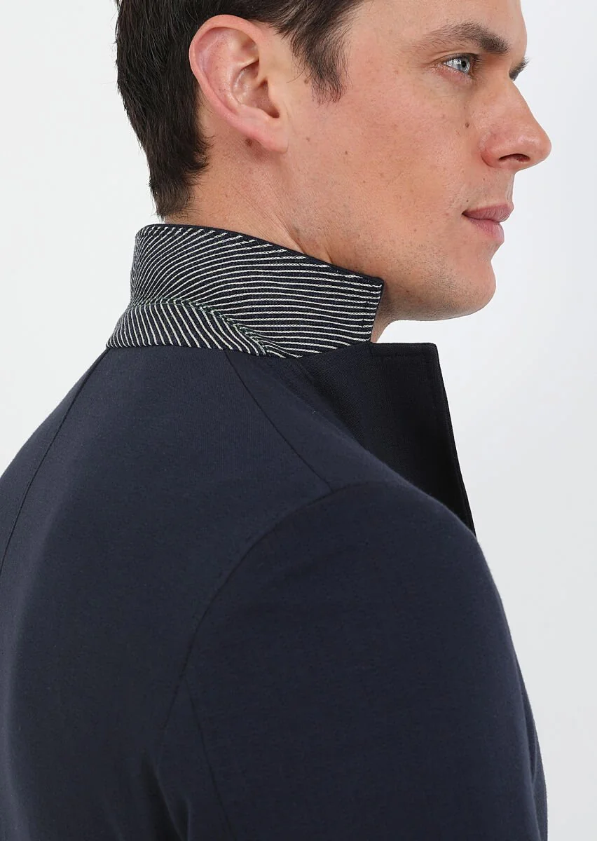 Navy Blue Checkered Shirt Shoulder Slim Fit Cotton Blended Jacket - 4