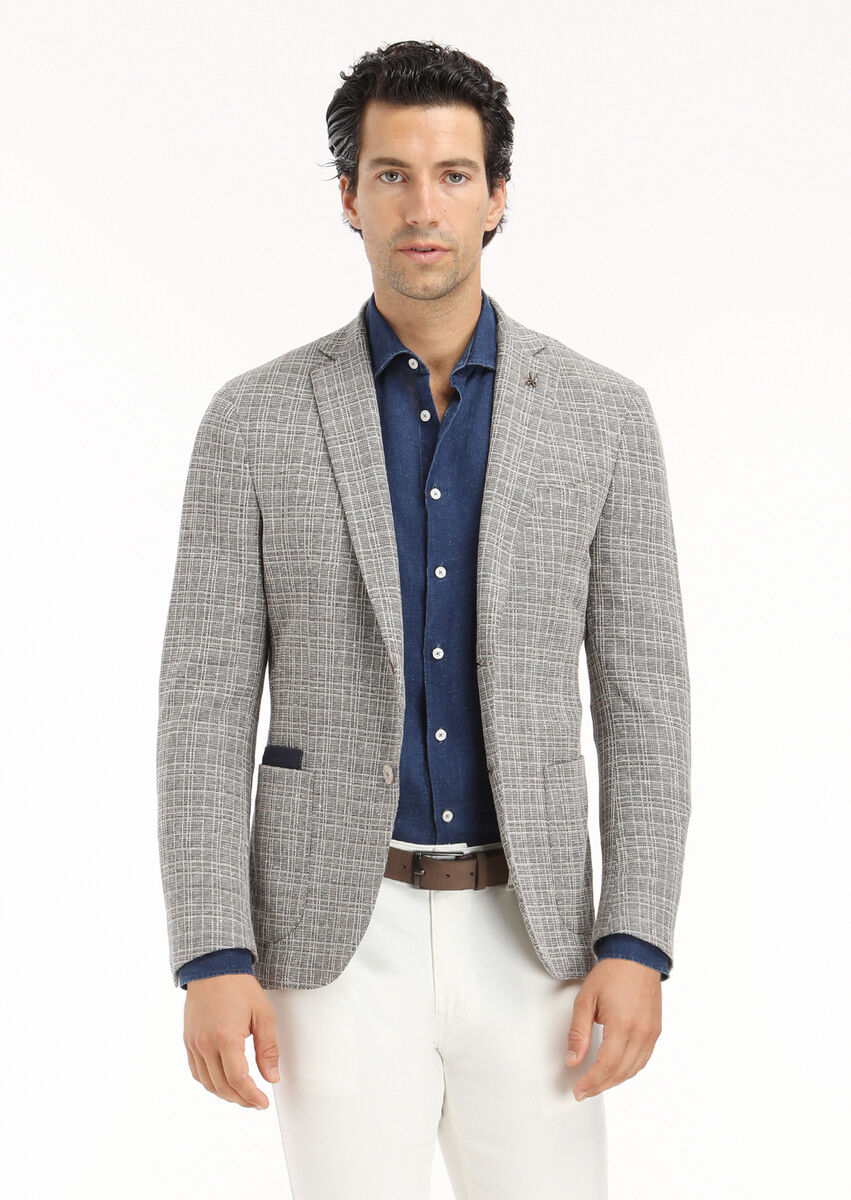 Navy Blue Checkered Shirt Shoulder Slim Fit Cotton Blended Jacket - 3