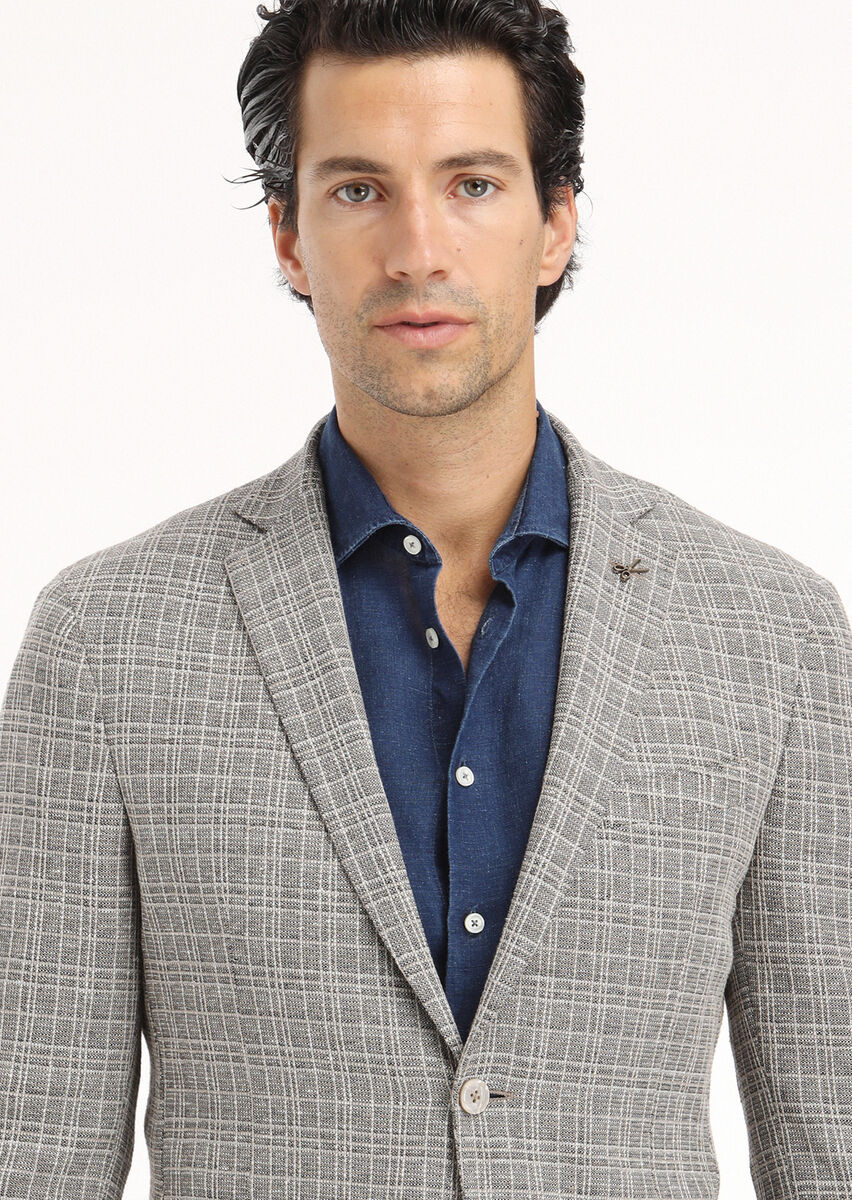 Navy Blue Checkered Shirt Shoulder Slim Fit Cotton Blended Jacket - 4