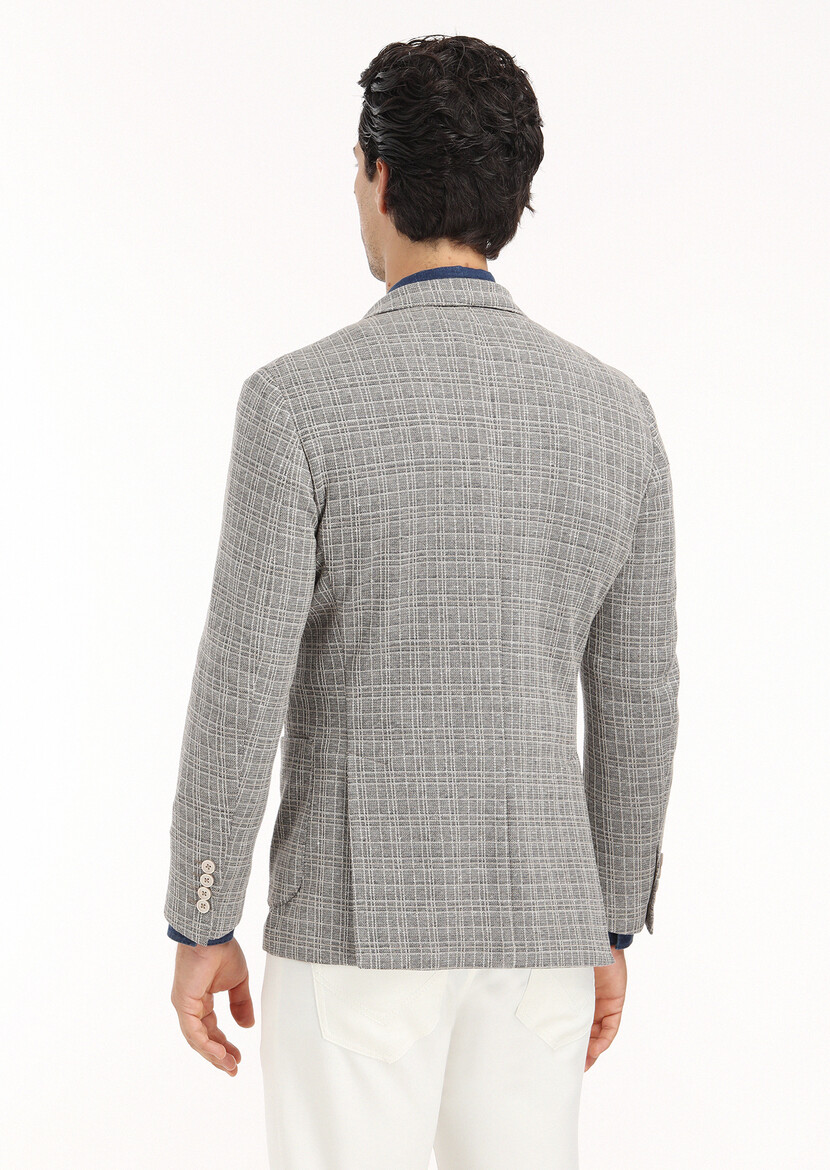 Navy Blue Checkered Shirt Shoulder Slim Fit Cotton Blended Jacket - 7