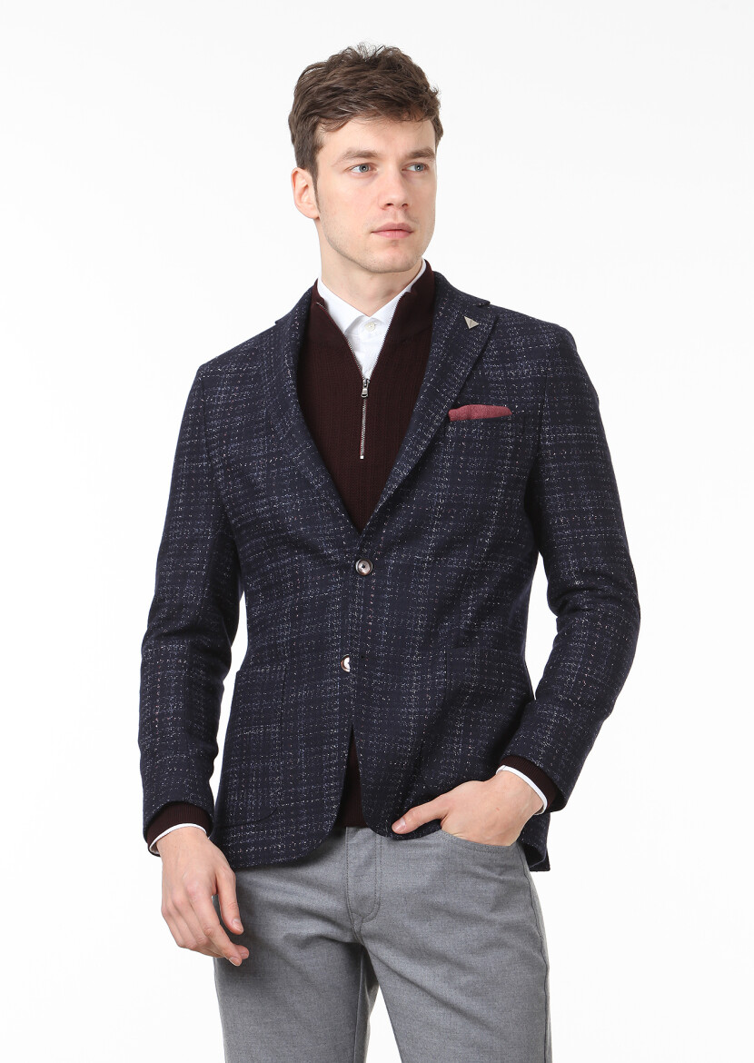 Navy Blue Checkered Shirt Shoulder Slim Fit Wool Blended Jacket - 1