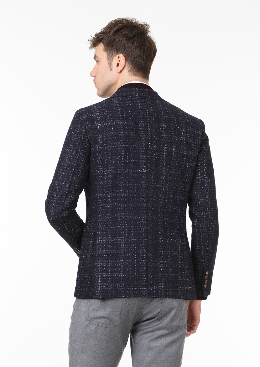 Navy Blue Checkered Shirt Shoulder Slim Fit Wool Blended Jacket - 4