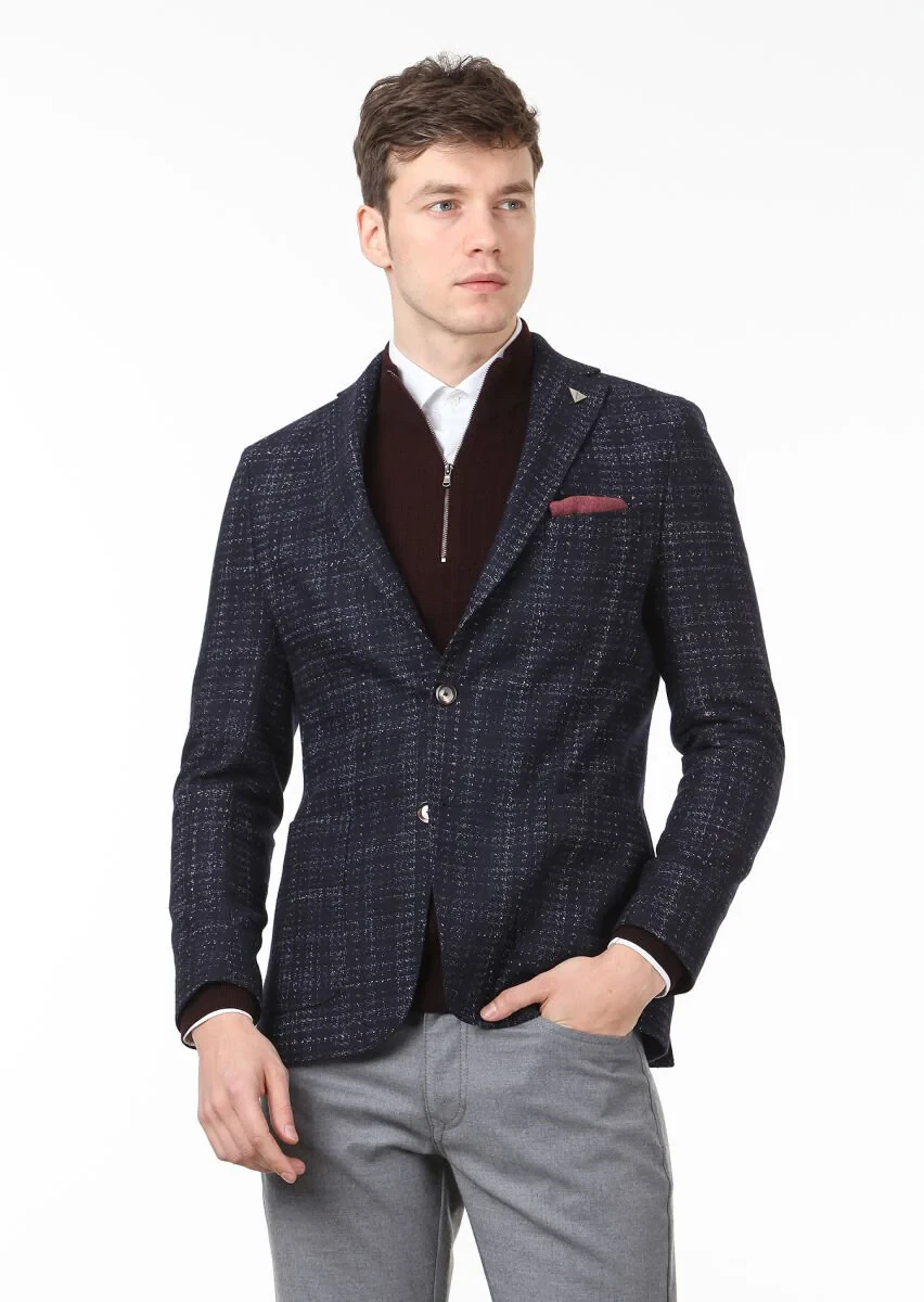 Navy Blue Checkered Shirt Shoulder Slim Fit Wool Blended Jacket - 1