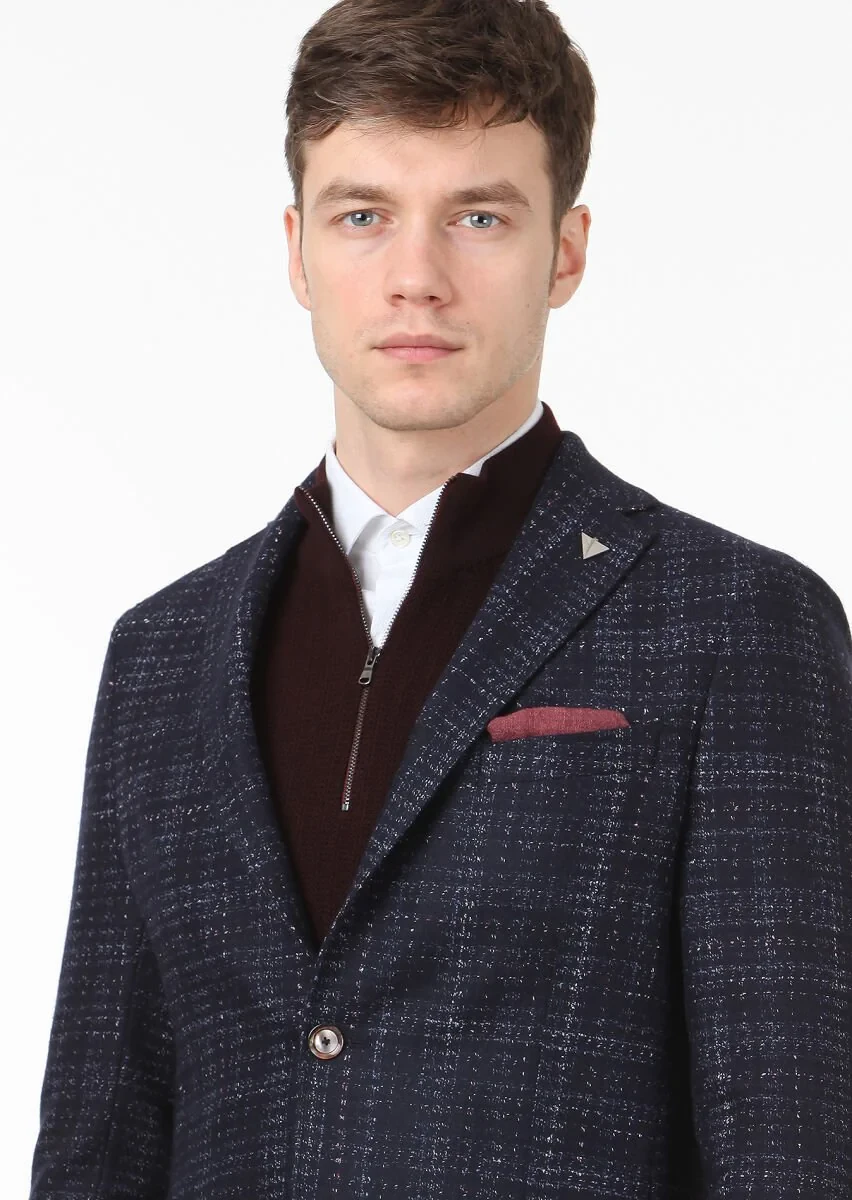 Navy Blue Checkered Shirt Shoulder Slim Fit Wool Blended Jacket - 2