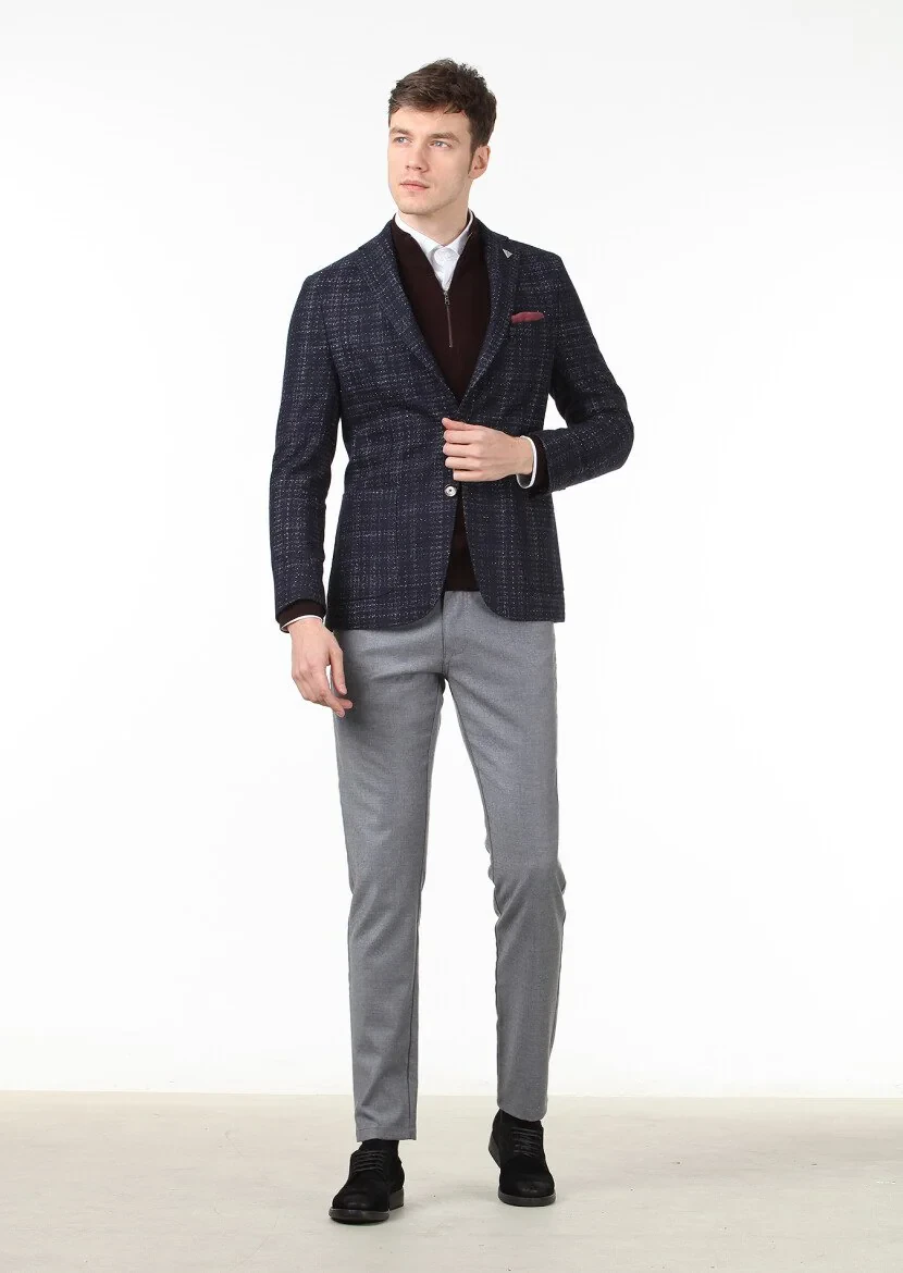 Navy Blue Checkered Shirt Shoulder Slim Fit Wool Blended Jacket - 3