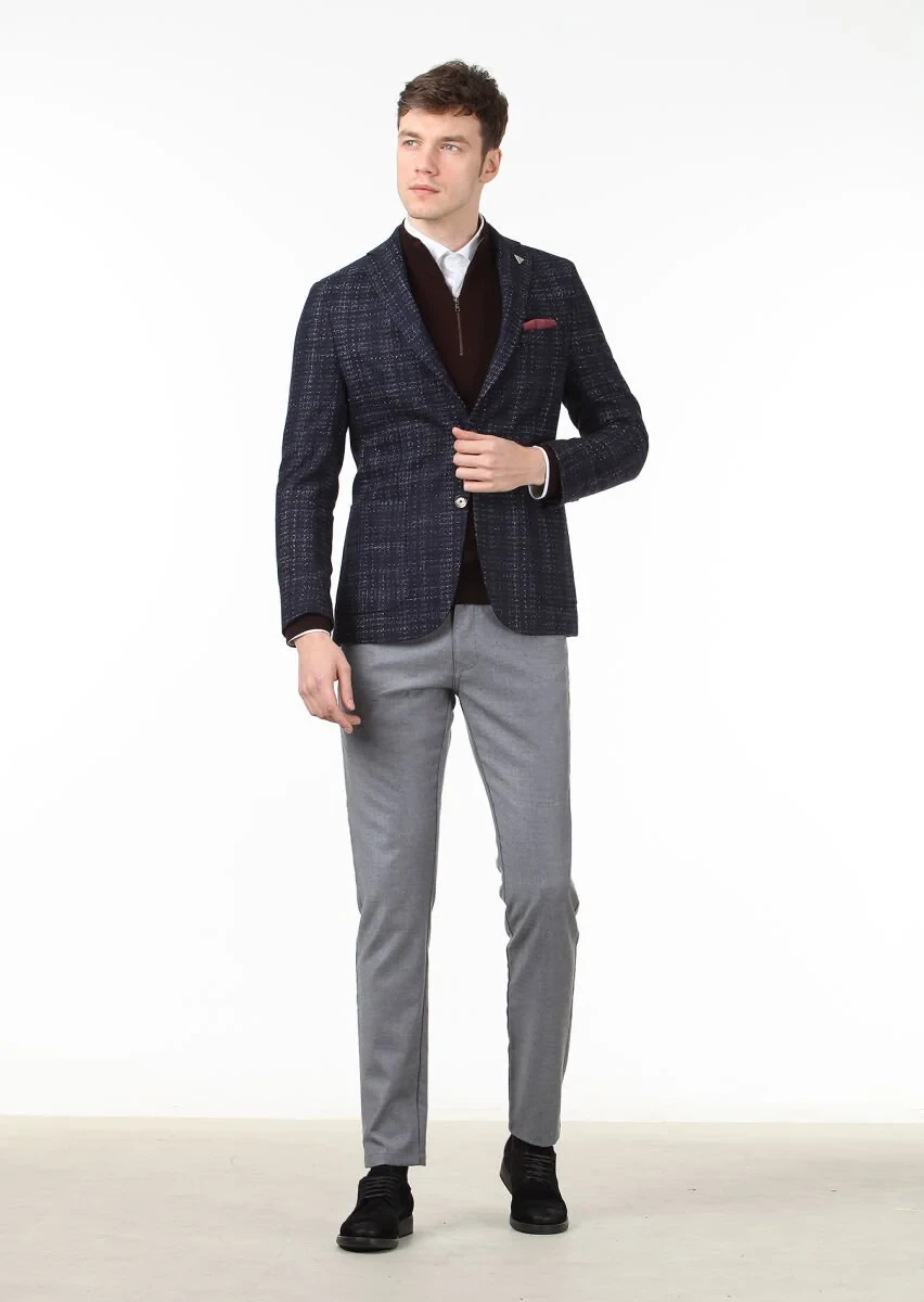 Navy Blue Checkered Shirt Shoulder Slim Fit Wool Blended Jacket - 3