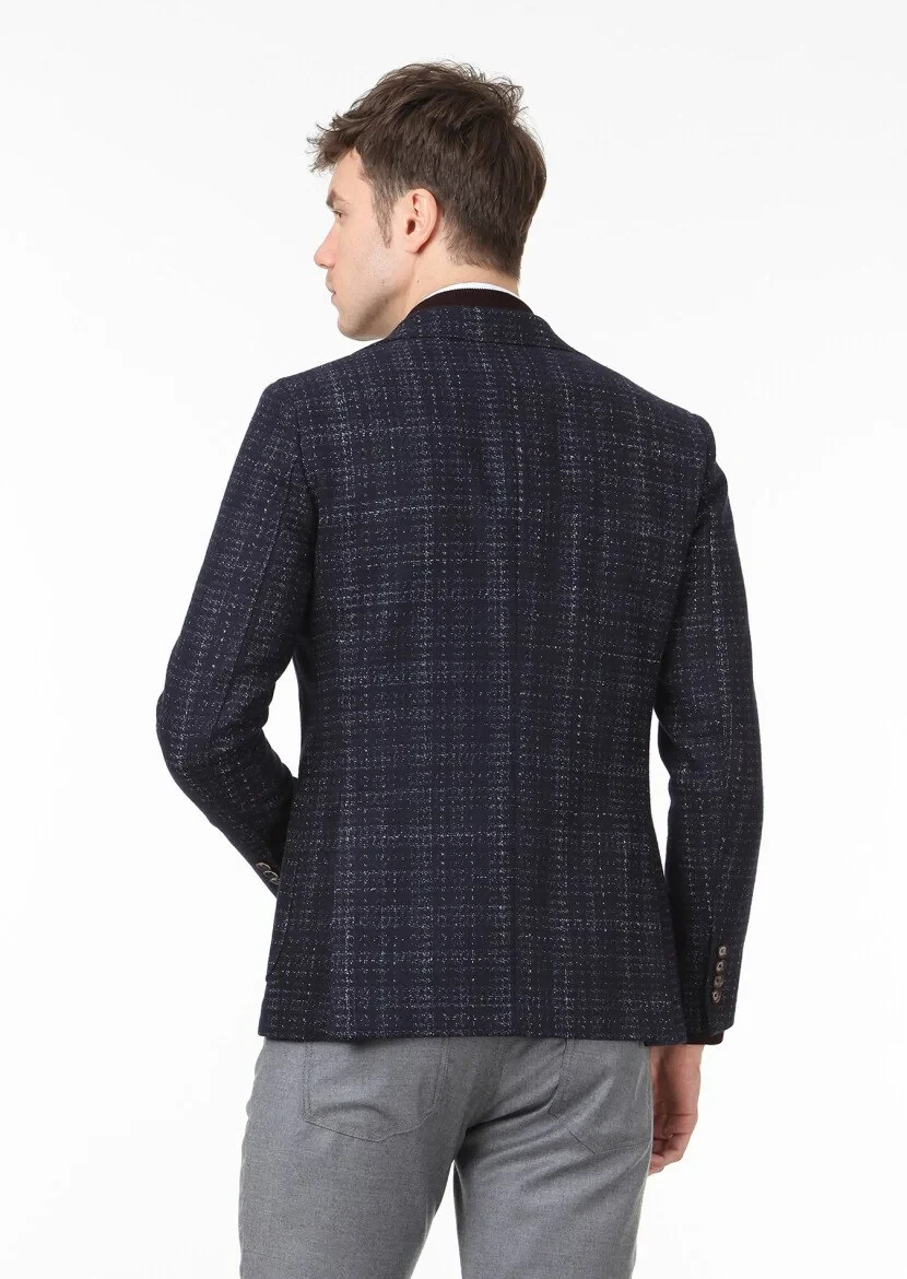Navy Blue Checkered Shirt Shoulder Slim Fit Wool Blended Jacket - 4