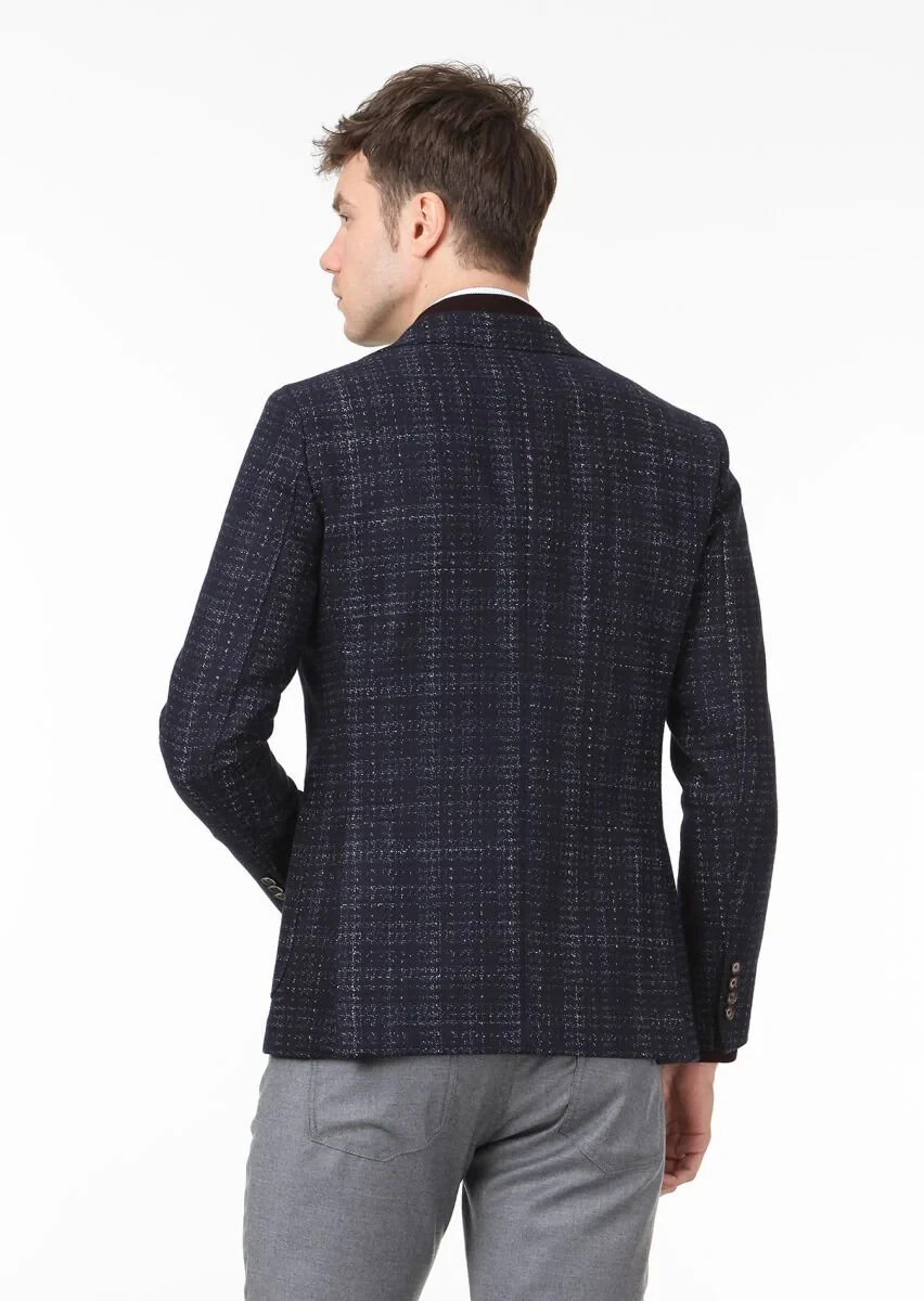 Navy Blue Checkered Shirt Shoulder Slim Fit Wool Blended Jacket - 4