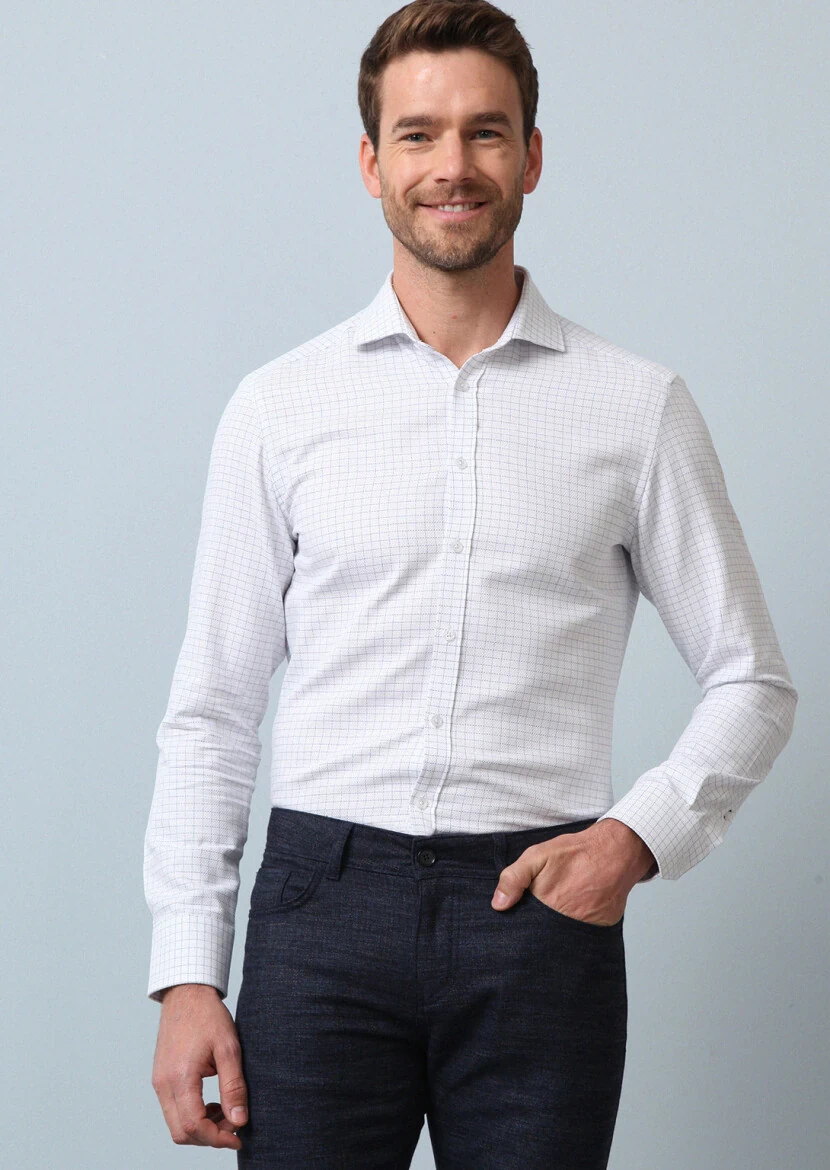 Navy Blue Checkered Slim Fit Weaving Classical 100% Cotton Shirt - 1