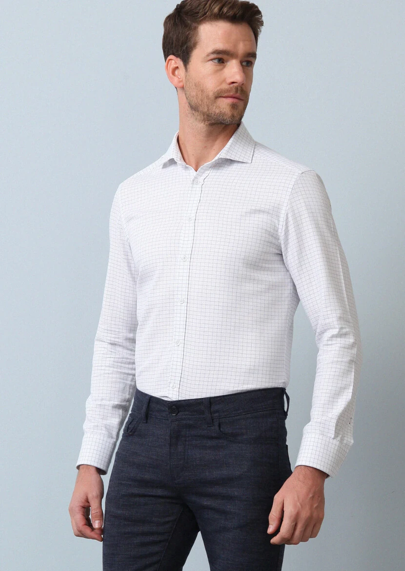 Navy Blue Checkered Slim Fit Weaving Classical 100% Cotton Shirt - 2