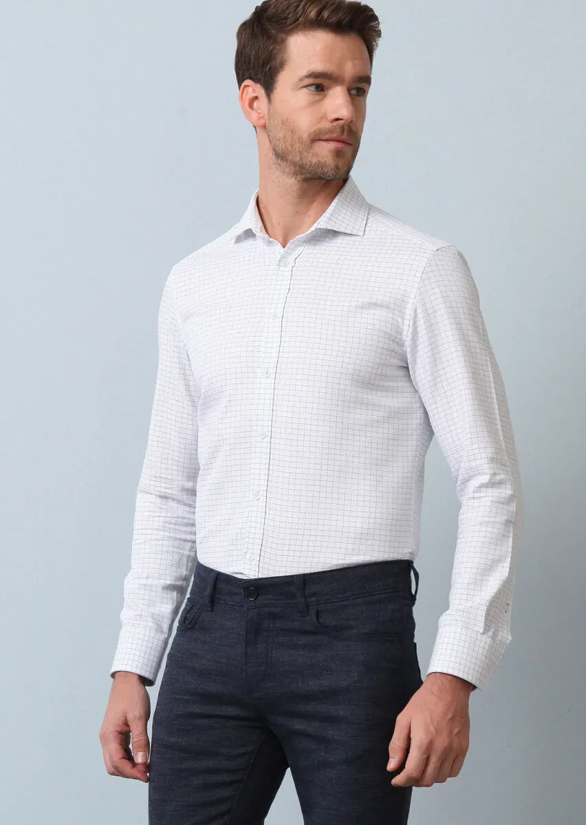 Navy Blue Checkered Slim Fit Weaving Classical 100% Cotton Shirt - 2