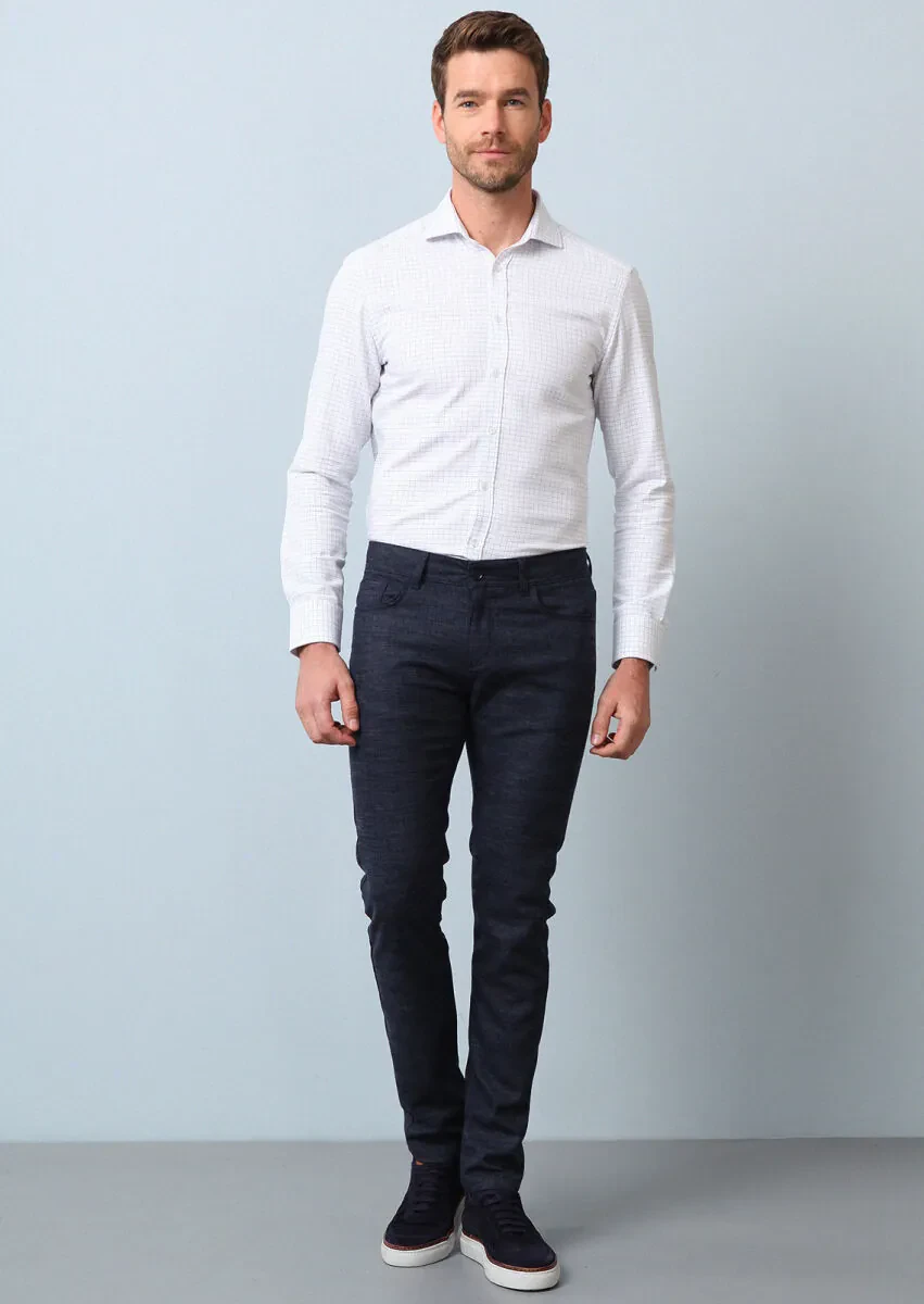 Navy Blue Checkered Slim Fit Weaving Classical 100% Cotton Shirt - 3