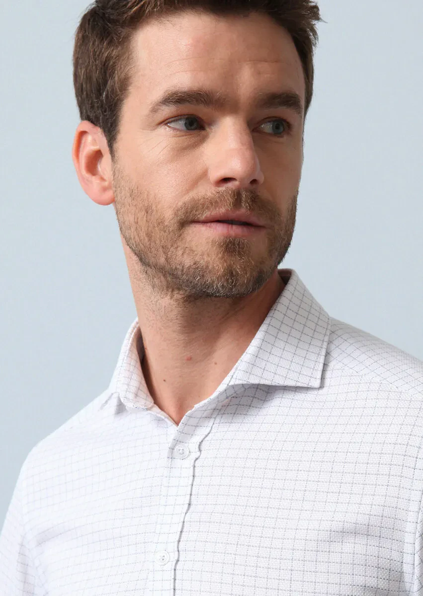 Navy Blue Checkered Slim Fit Weaving Classical 100% Cotton Shirt - 4