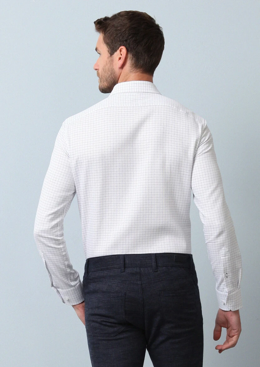 Navy Blue Checkered Slim Fit Weaving Classical 100% Cotton Shirt - 5