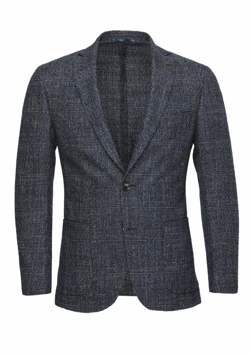 Navy Blue Checkered Wool Blended Jacket - 1