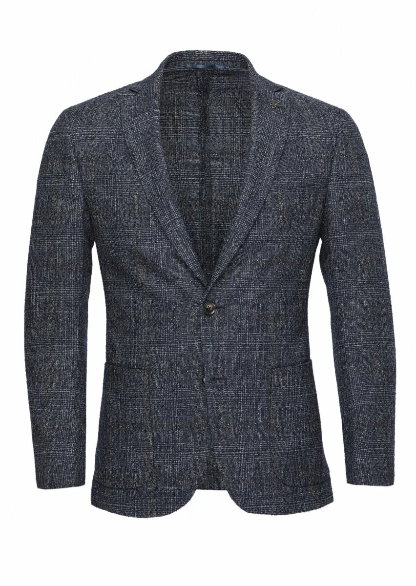 Navy Blue Checkered Wool Blended Jacket - 1