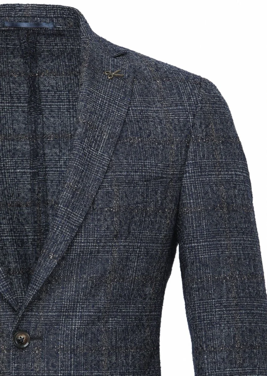 Navy Blue Checkered Wool Blended Jacket - 2